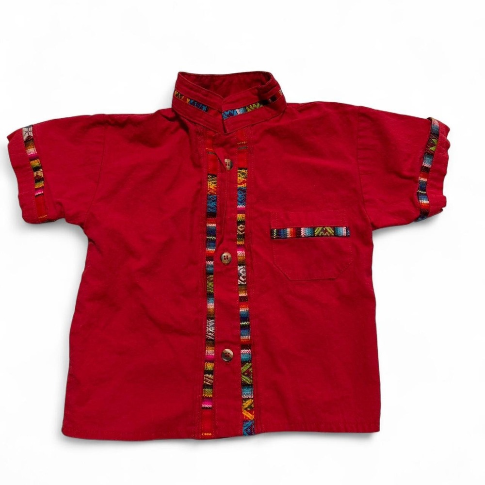 Red Guatemalan Mayan Cotton Toddler Button Up Shirt Size 2